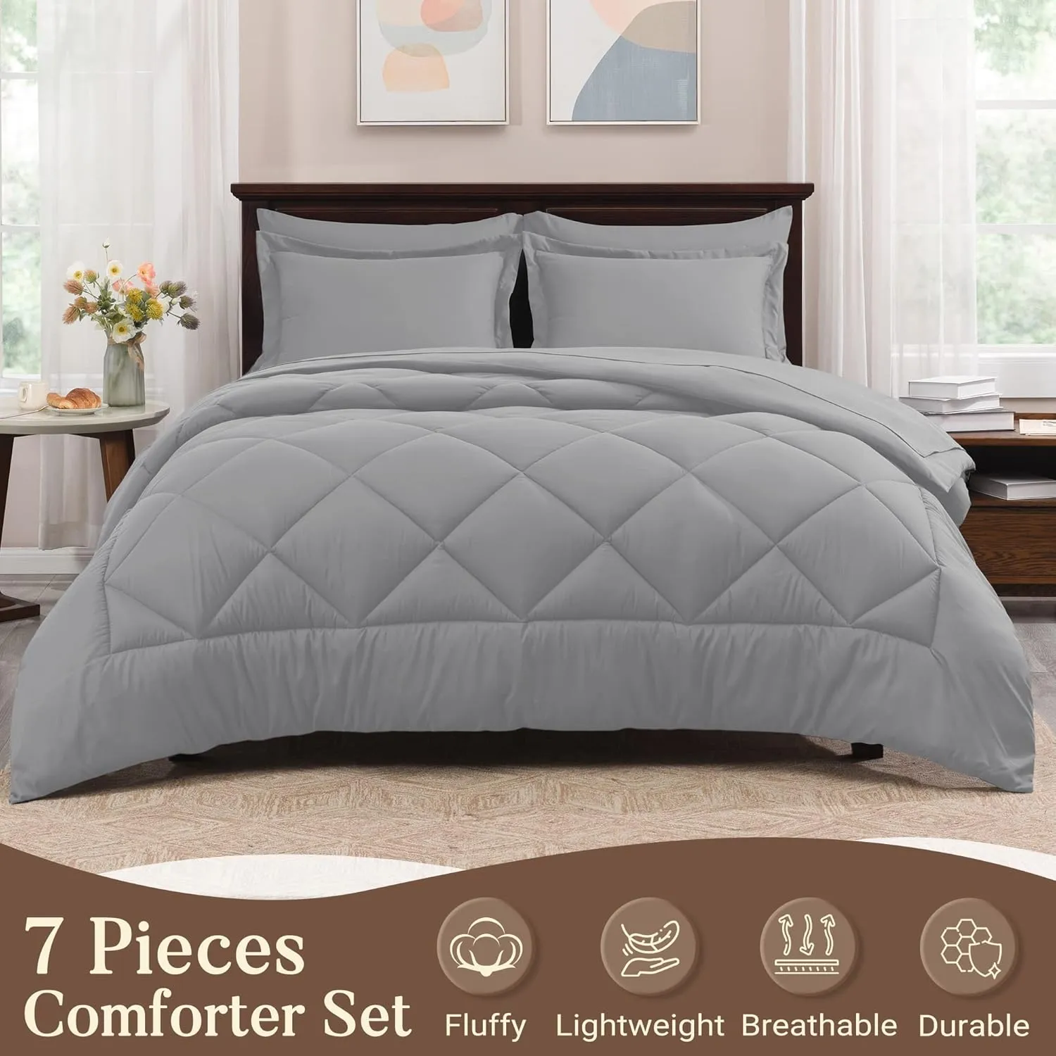 Basic Beyond King Size Comforter Set with Sheets - 7 Pieces King Size Bed in a Bag, Grey Comforter King Set Bedding Sets with Comforter, Flat Sheet, Fitted Sheet, Pillowcases & Shams