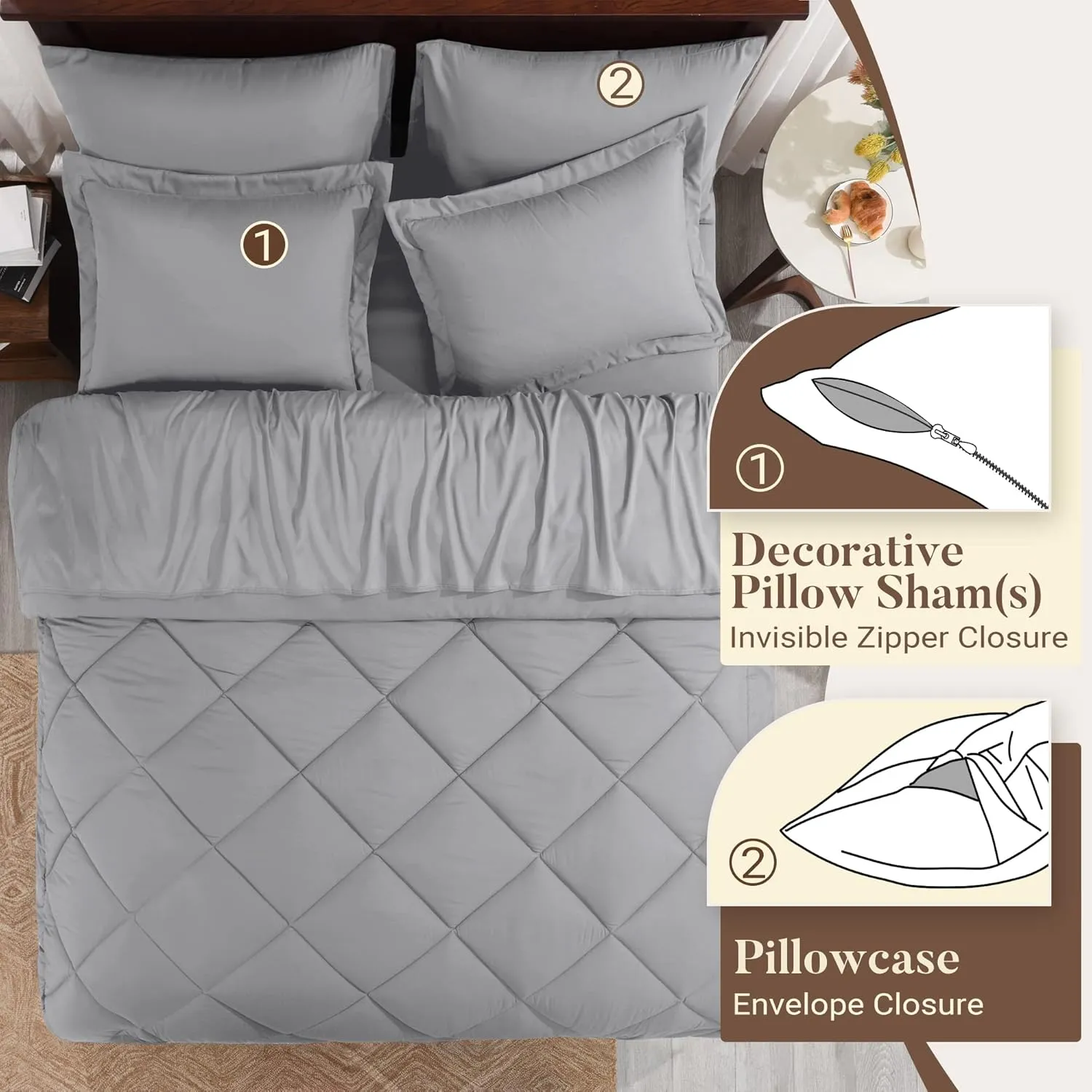 Basic Beyond King Size Comforter Set with Sheets - 7 Pieces King Size Bed in a Bag, Grey Comforter King Set Bedding Sets with Comforter, Flat Sheet, Fitted Sheet, Pillowcases & Shams