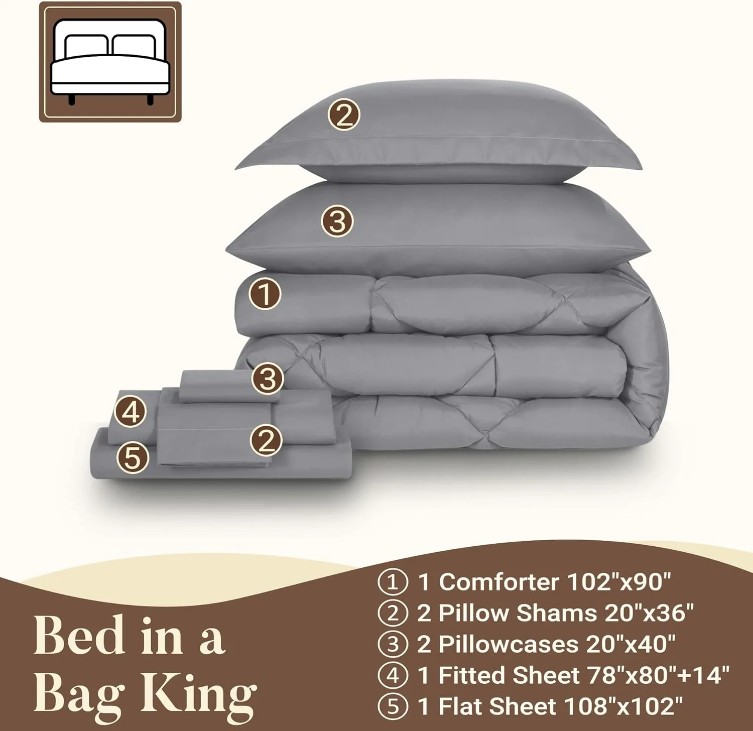 Basic Beyond King Size Comforter Set with Sheets - 7 Pieces King Size Bed in a Bag, Grey Comforter King Set Bedding Sets with Comforter, Flat Sheet, Fitted Sheet, Pillowcases & Shams