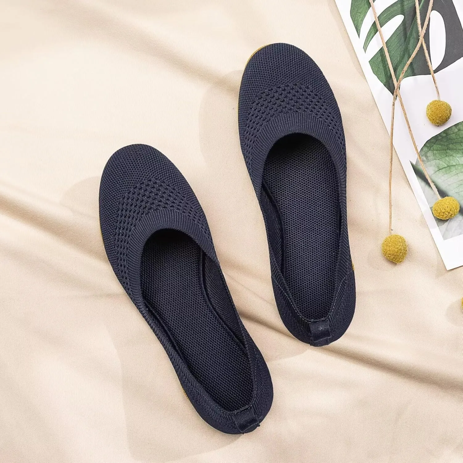 BEJINASH Ballet Flats for Women Soft Slip On Flat Shoes Knit Round Toe Work Flat Mesh Woman Walking Shoes Comfortable Casual