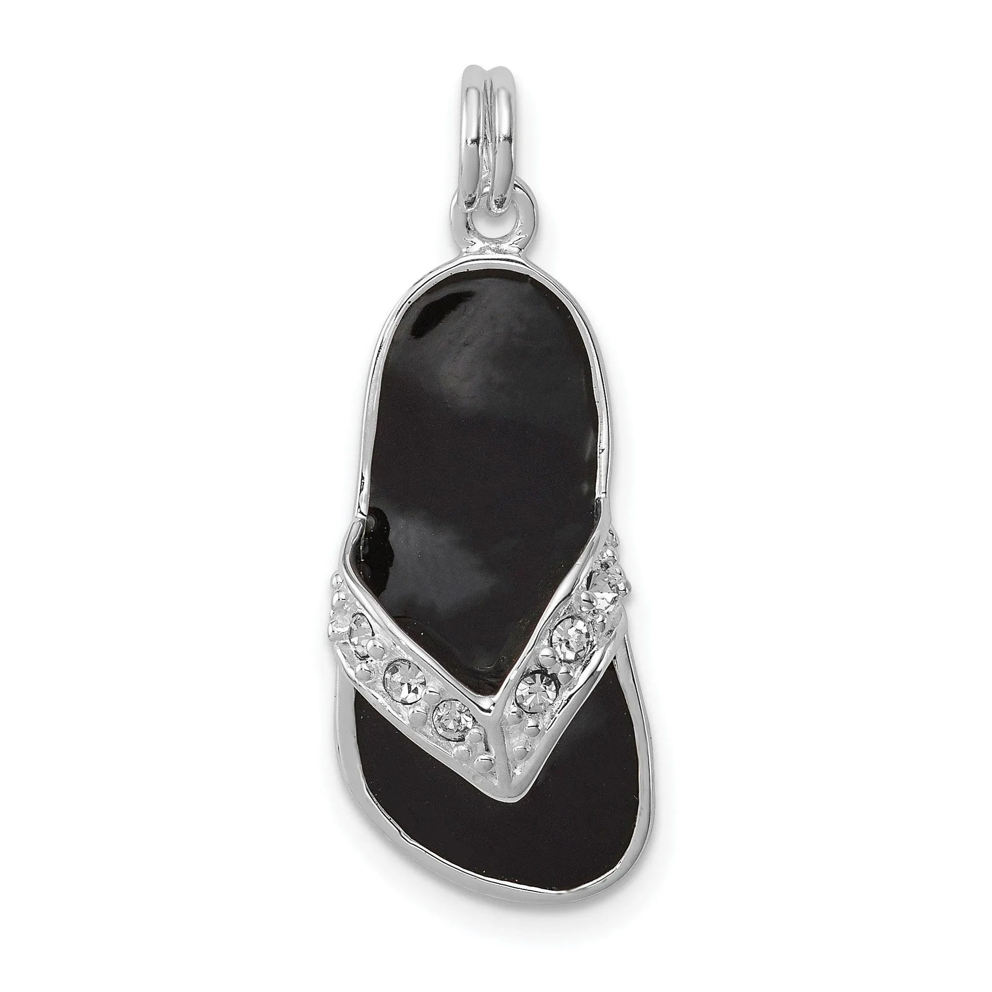 Black Enamel Flip Flop With CZ Charm Pendant in Real 925 Sterling Silver