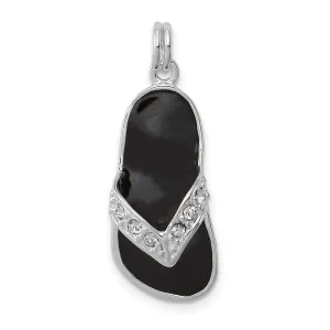 Black Enamel Flip Flop With CZ Charm Pendant in Real 925 Sterling Silver