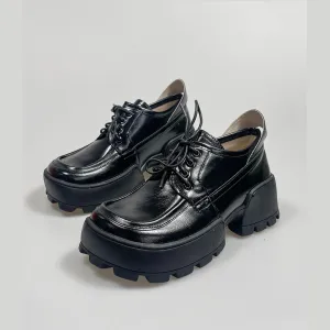 Black Glossy Chunky Heel Derby Shoes