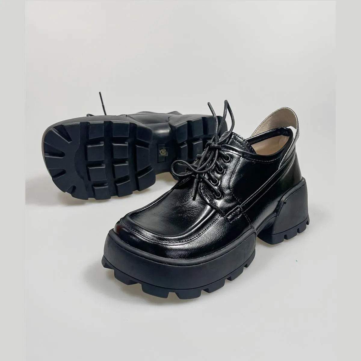 Black Glossy Chunky Heel Derby Shoes