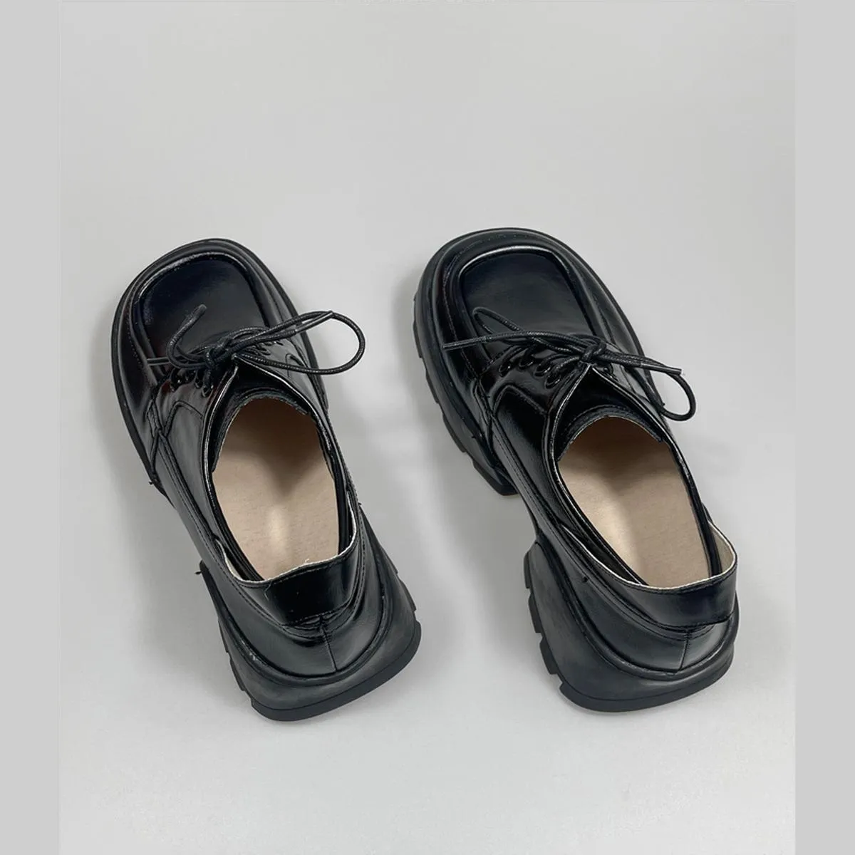 Black Glossy Chunky Heel Derby Shoes