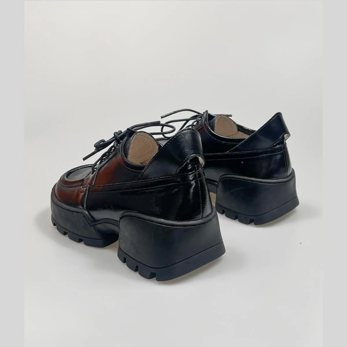 Black Glossy Chunky Heel Derby Shoes