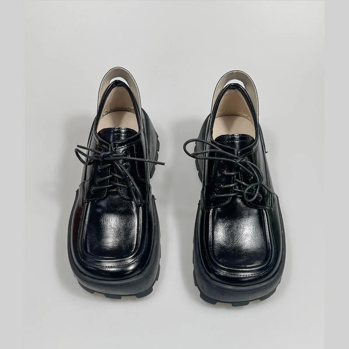 Black Glossy Chunky Heel Derby Shoes