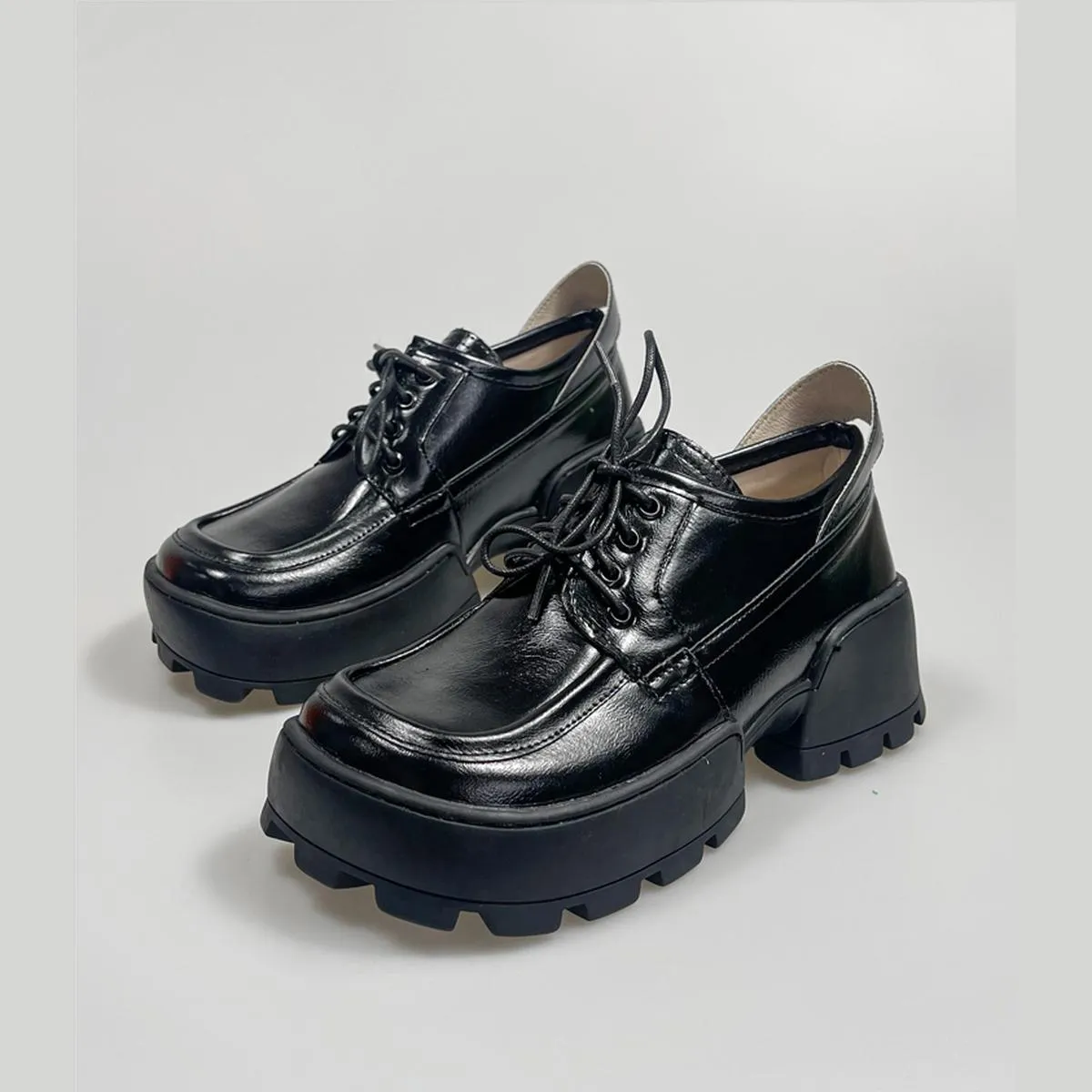 Black Glossy Chunky Heel Derby Shoes