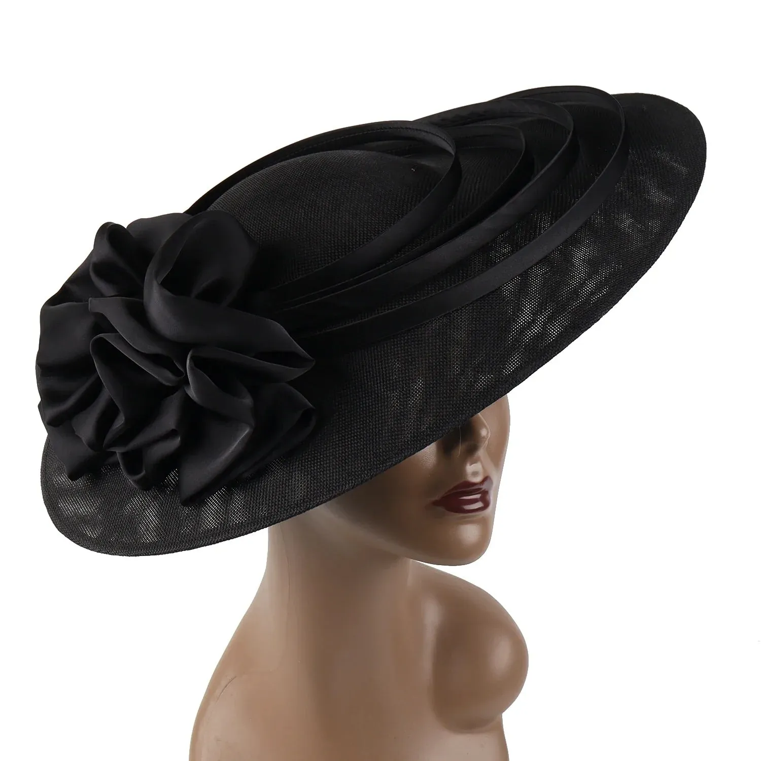 Black Large Flower Fascinator Sinamay Church Hat Kentucky Derby Hat Wedding Luxury Headband Hat Cocktail Tea Party for Women