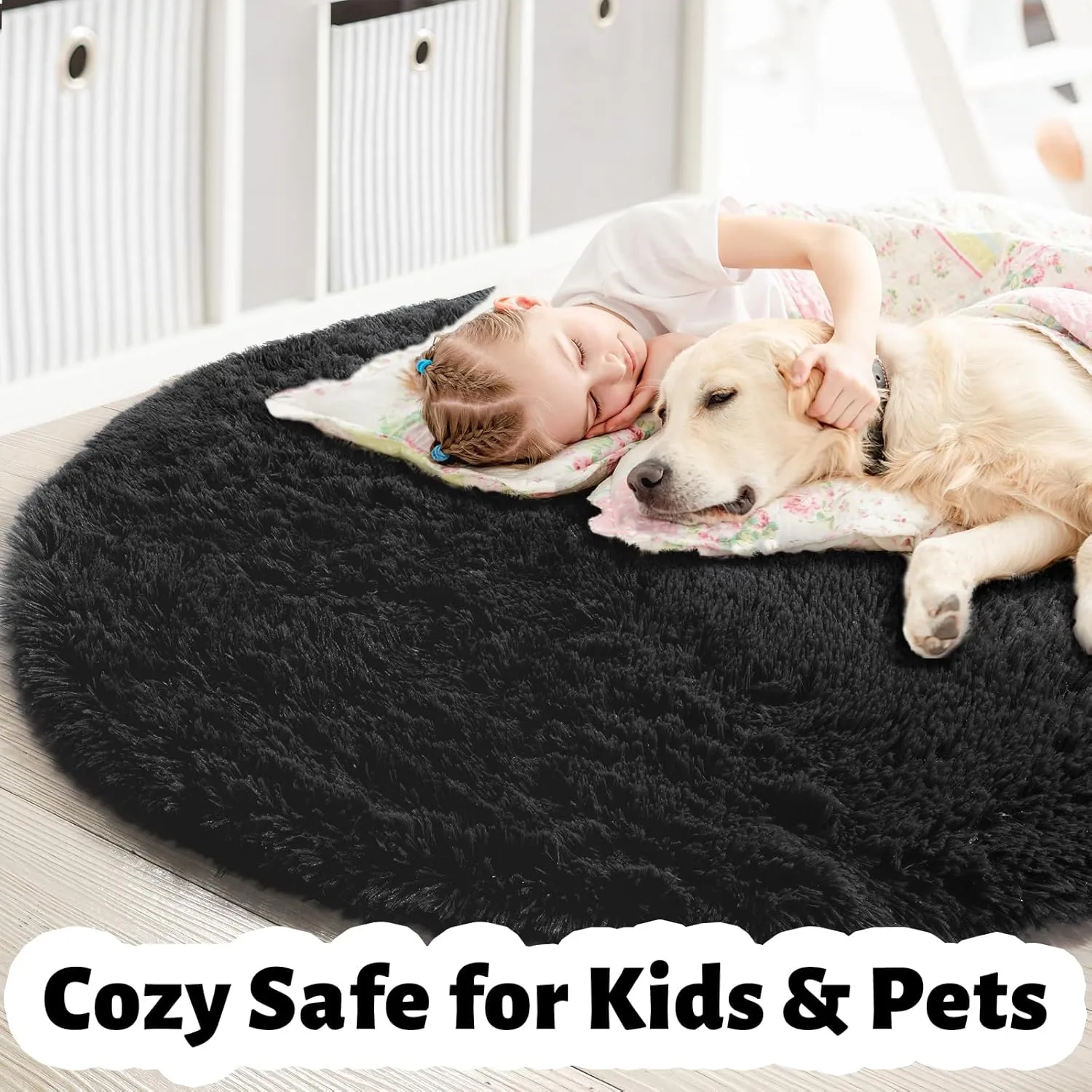 Black Round Rug 4Ft for Bedroom, Fluffy Circle Area Rugs for Living Room Decor Aesthetic, Shaggy Furry Circular Floor Carpet for Office Playroom Nursery Classroom, Modern Baby Kids Teen Boys Mens Rug