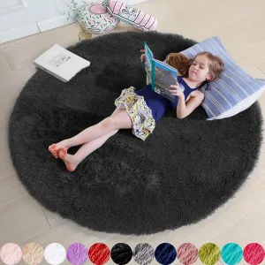 Black Round Rug 4Ft for Bedroom, Fluffy Circle Area Rugs for Living Room Decor Aesthetic, Shaggy Furry Circular Floor Carpet for Office Playroom Nursery Classroom, Modern Baby Kids Teen Boys Mens Rug