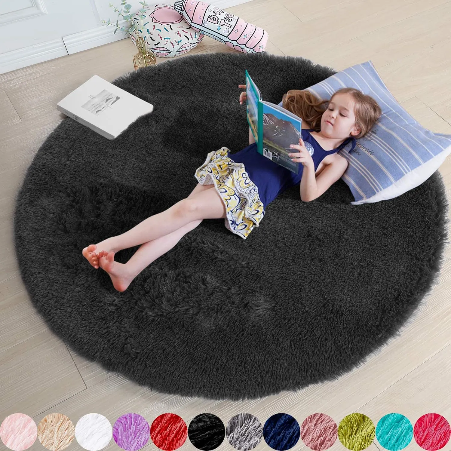 Black Round Rug 4Ft for Bedroom, Fluffy Circle Area Rugs for Living Room Decor Aesthetic, Shaggy Furry Circular Floor Carpet for Office Playroom Nursery Classroom, Modern Baby Kids Teen Boys Mens Rug