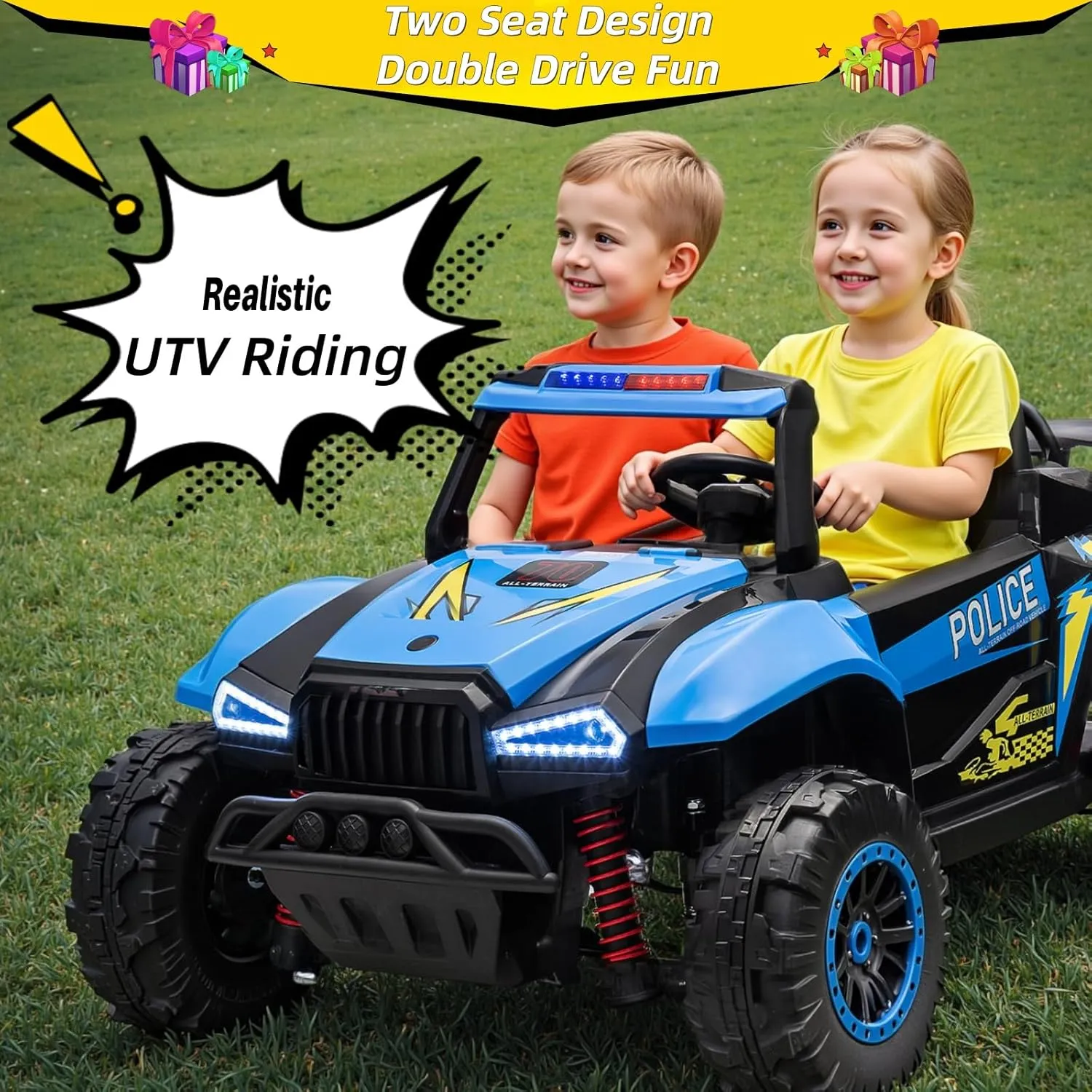 Blitzshark 24V 2 Seater Kids Ride On Electric Car, 2WD UTV Ride On Toys for Kid with Rmote Control, Ride on UTV Four-Wheel Suspension, Power Wheels for Kids, Bluetooth,MP3, Music, Blue