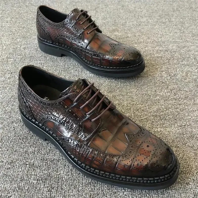 British Style Authentic Crocodile Skin Gradient Color Men's Derby Shoes Genuine Alligator Leather Male Lace-up Brogue Oxfords, Brown