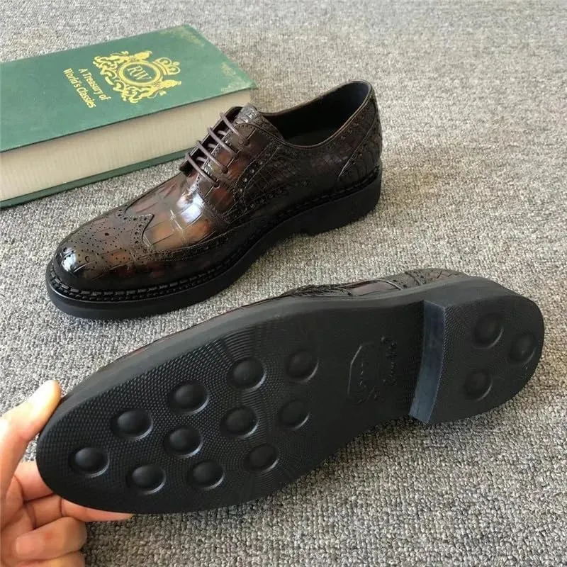 British Style Authentic Crocodile Skin Gradient Color Men's Derby Shoes Genuine Alligator Leather Male Lace-up Brogue Oxfords, Brown