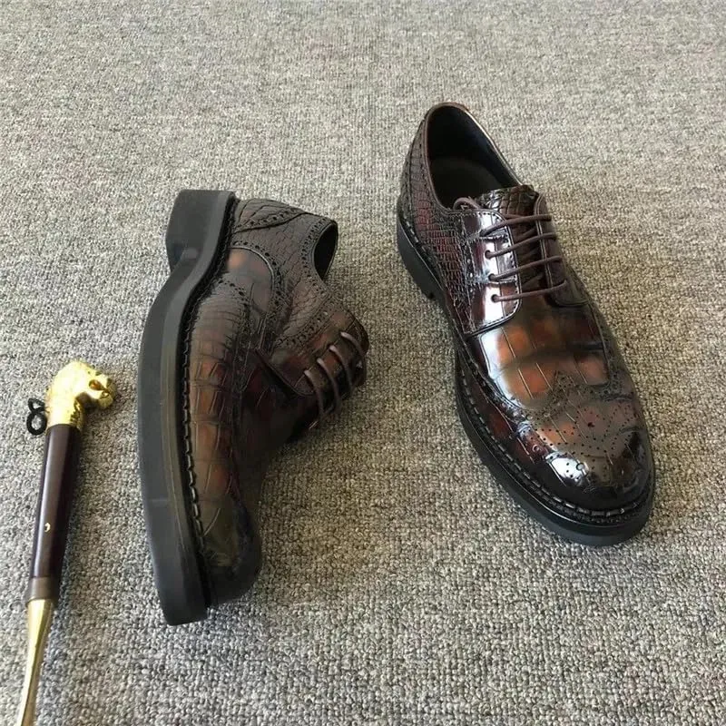 British Style Authentic Crocodile Skin Gradient Color Men's Derby Shoes Genuine Alligator Leather Male Lace-up Brogue Oxfords, Brown