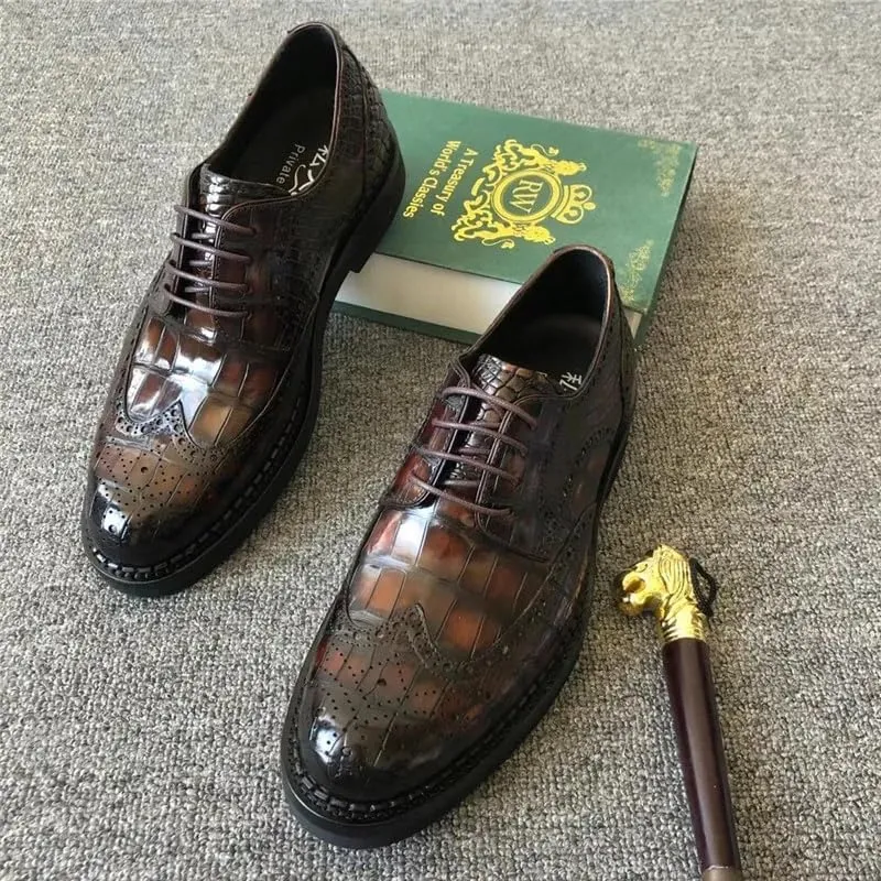 British Style Authentic Crocodile Skin Gradient Color Men's Derby Shoes Genuine Alligator Leather Male Lace-up Brogue Oxfords, Brown