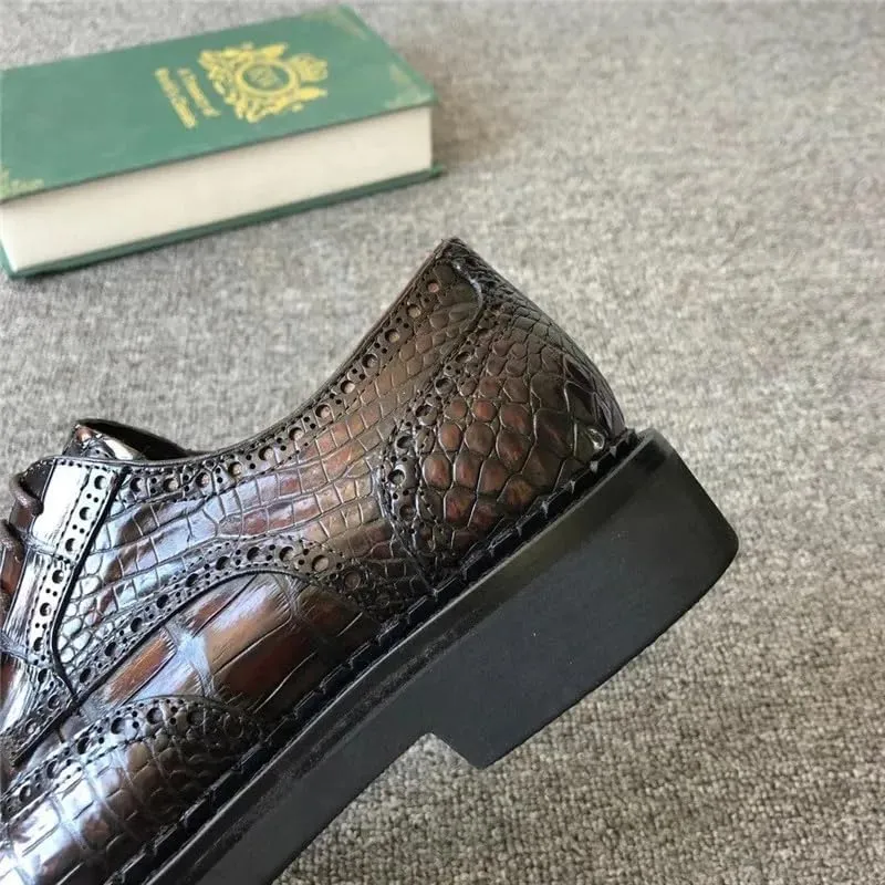British Style Authentic Crocodile Skin Gradient Color Men's Derby Shoes Genuine Alligator Leather Male Lace-up Brogue Oxfords, Brown