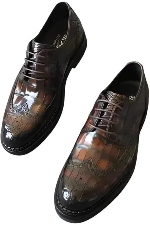 British Style Authentic Crocodile Skin Gradient Color Men's Derby Shoes Genuine Alligator Leather Male Lace-up Brogue Oxfords, Brown