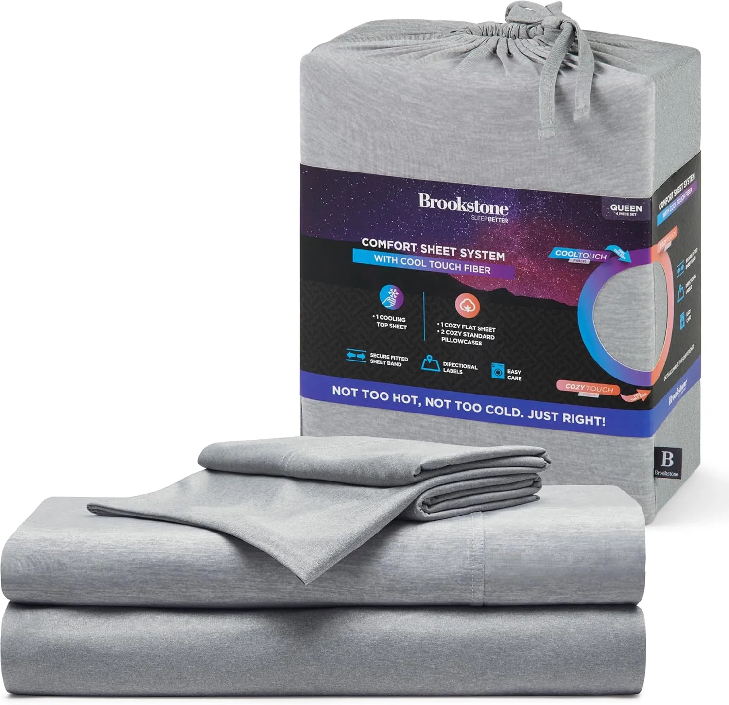 Brookstone Comfort Queen Sheet Set - Innovative Cooling Sheets for Hot Sleepers - Deep Sleep with Temperature Regulation - 4-Piece Set of Soft Flat, Fitted Sheet, & Two Pillowcases - Gray