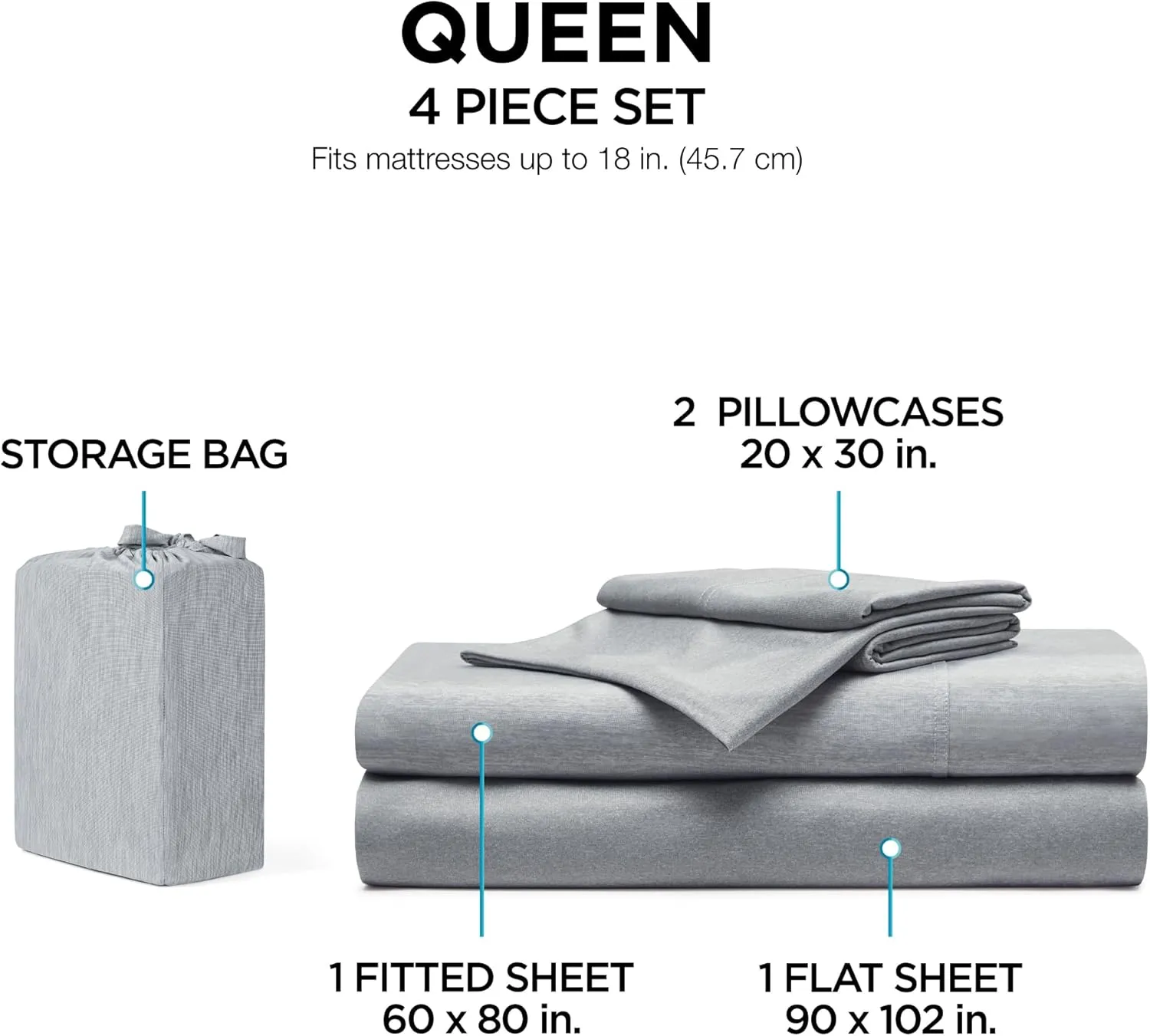 Brookstone Comfort Queen Sheet Set - Innovative Cooling Sheets for Hot Sleepers - Deep Sleep with Temperature Regulation - 4-Piece Set of Soft Flat, Fitted Sheet, & Two Pillowcases - Gray