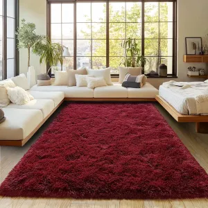 Burgundy Plush Rug for Living Room Fuzzy Carpet for Bedroom Dorm, Non-Slip High Pile Rug, Shag Rug for Playroom Nursery Home Office Decor 4X6 Ft