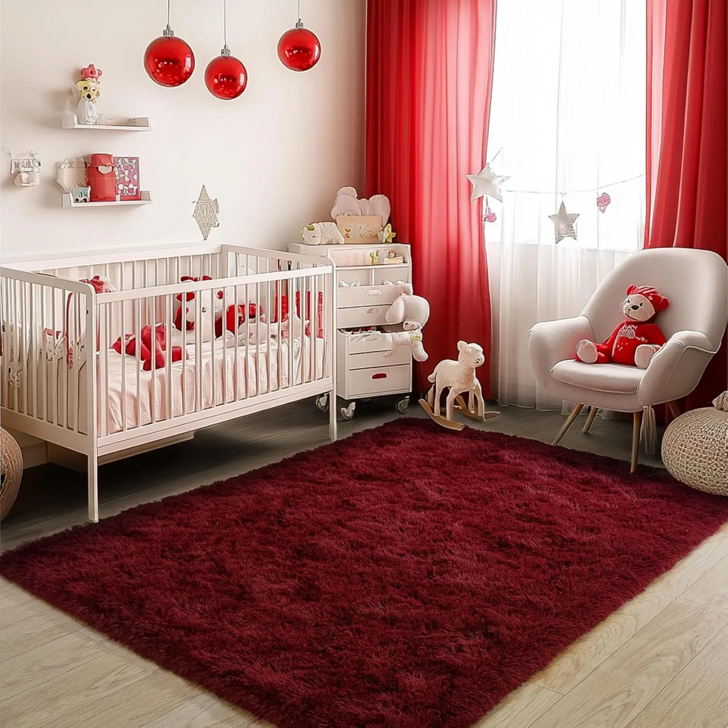 Burgundy Plush Rug for Living Room Fuzzy Carpet for Bedroom Dorm, Non-Slip High Pile Rug, Shag Rug for Playroom Nursery Home Office Decor 4X6 Ft