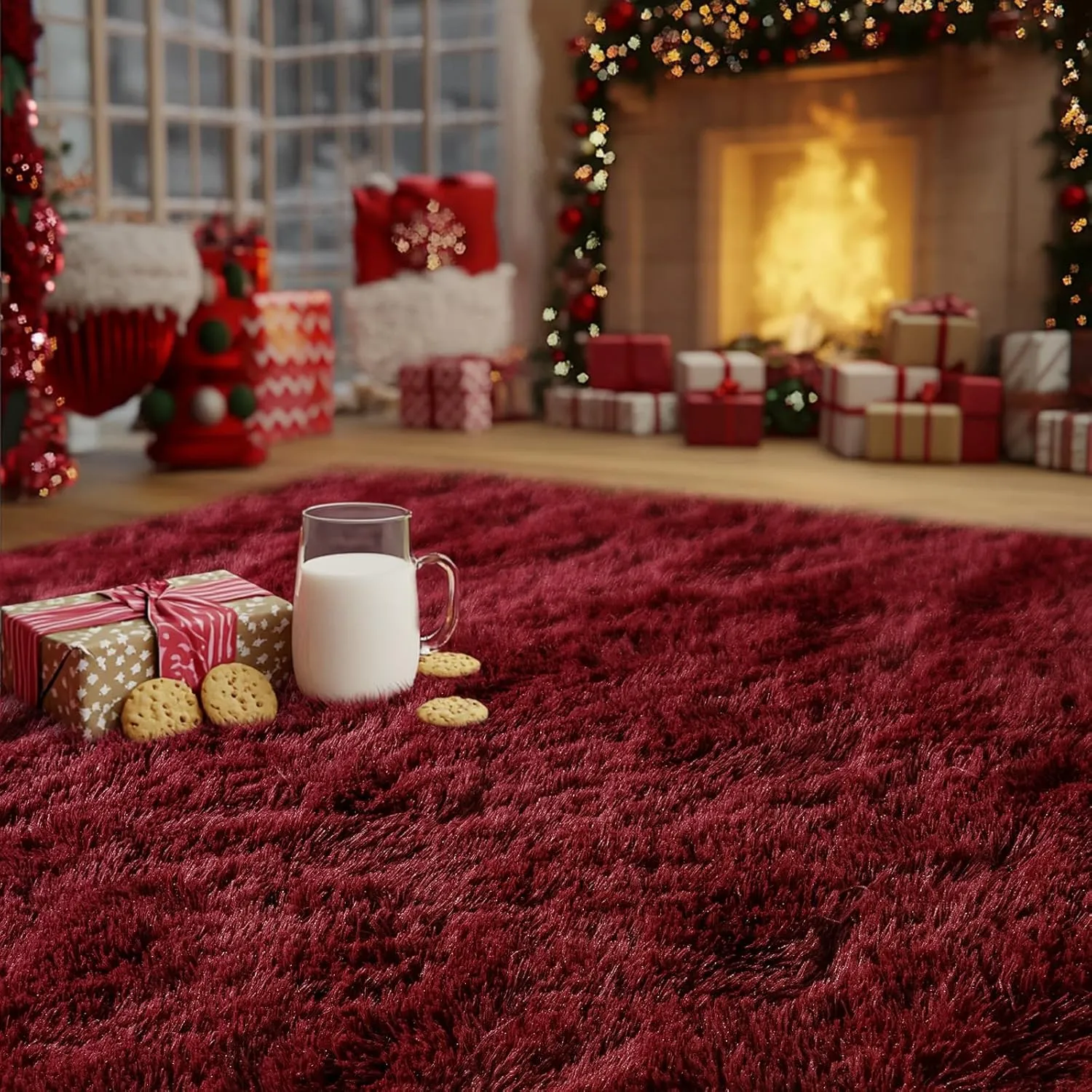Burgundy Plush Rug for Living Room Fuzzy Carpet for Bedroom Dorm, Non-Slip High Pile Rug, Shag Rug for Playroom Nursery Home Office Decor 4X6 Ft