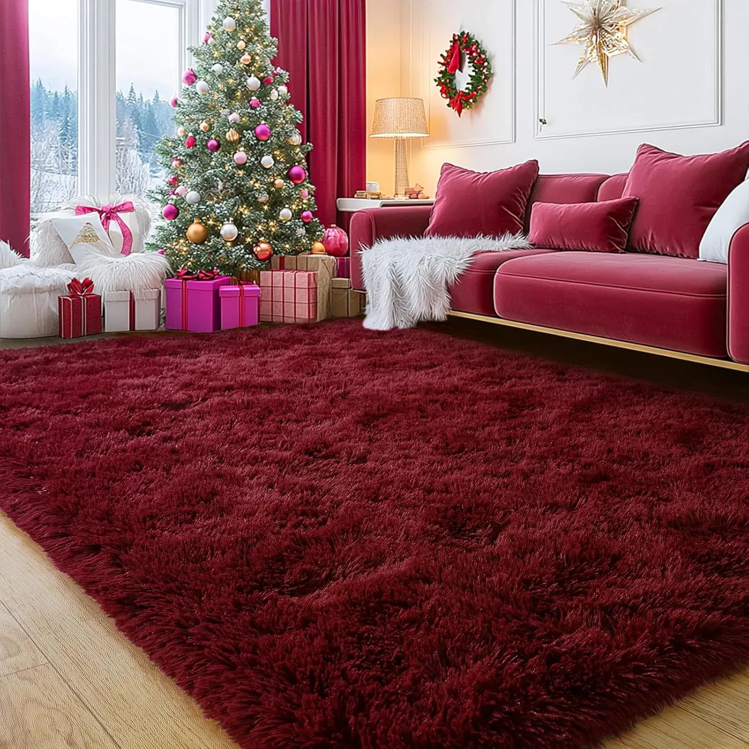 Burgundy Plush Rug for Living Room Fuzzy Carpet for Bedroom Dorm, Non-Slip High Pile Rug, Shag Rug for Playroom Nursery Home Office Decor 4X6 Ft