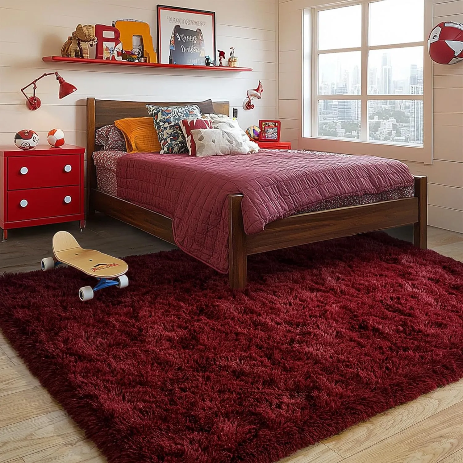 Burgundy Plush Rug for Living Room Fuzzy Carpet for Bedroom Dorm, Non-Slip High Pile Rug, Shag Rug for Playroom Nursery Home Office Decor 4X6 Ft