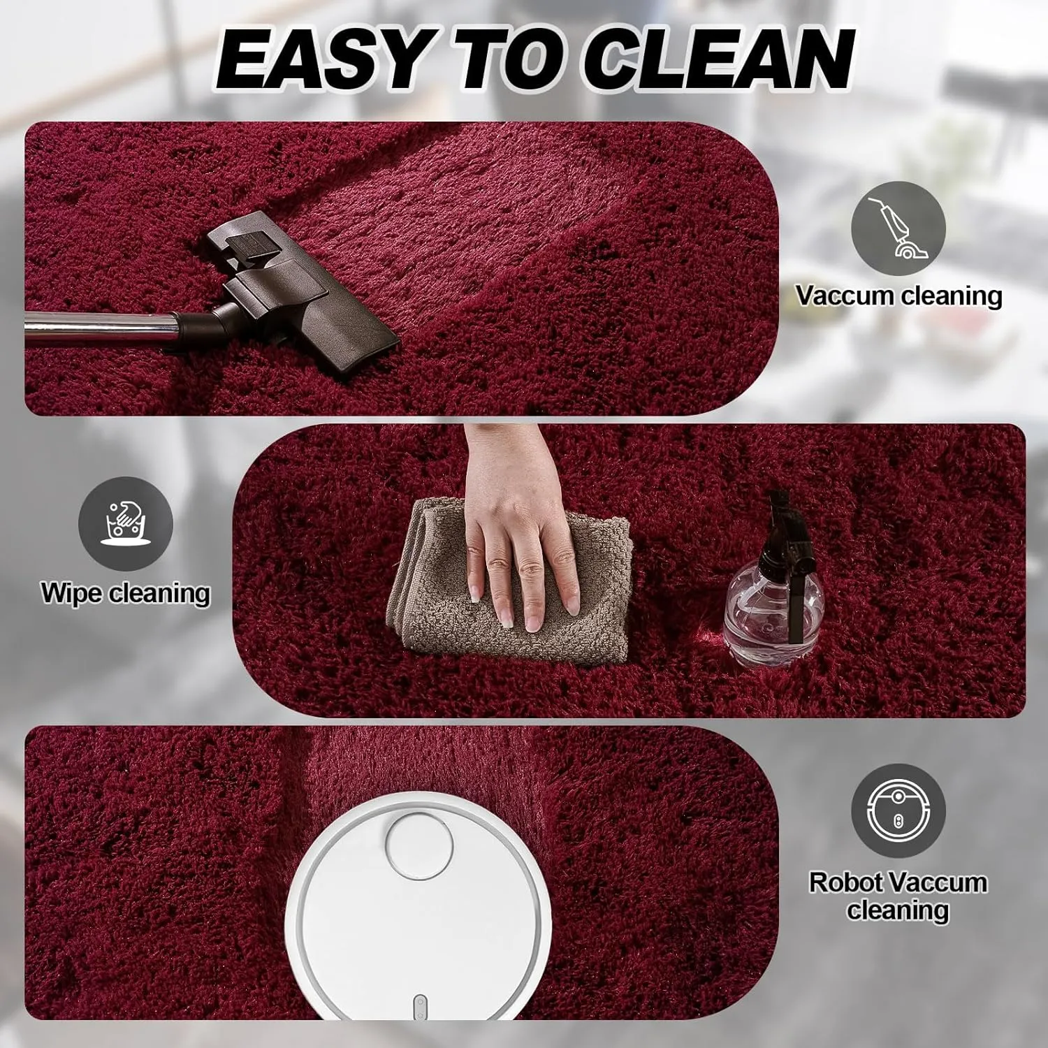 Burgundy Plush Rug for Living Room Fuzzy Carpet for Bedroom Dorm, Non-Slip High Pile Rug, Shag Rug for Playroom Nursery Home Office Decor 4X6 Ft