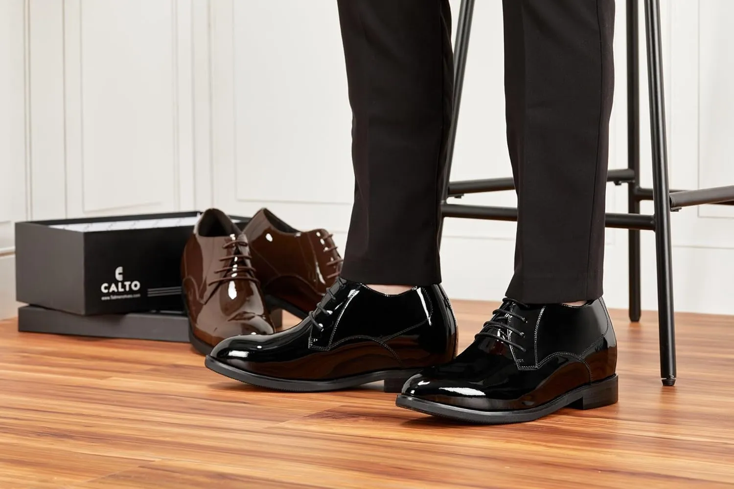 CALTO Men's Invisible Height Increasing Elevator Shoes - Black Patent Leather Lace-up Formal Dress Oxfords - 3.4 Inches Taller - K8010 - Size 9 D(M) US