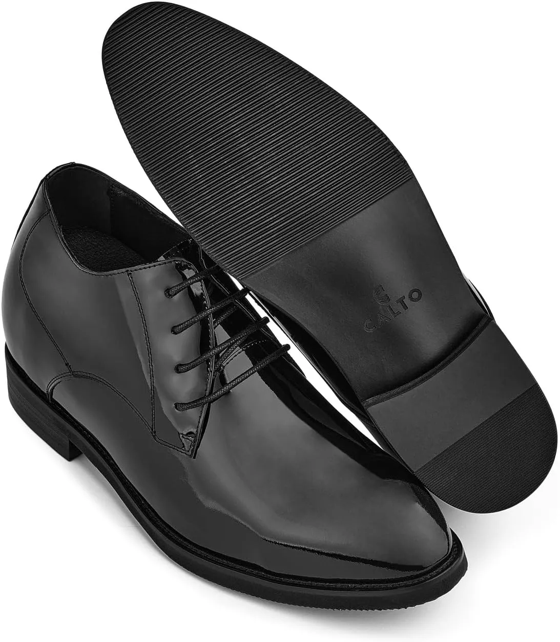 CALTO Men's Invisible Height Increasing Elevator Shoes - Black Patent Leather Lace-up Formal Dress Oxfords - 3.4 Inches Taller - K8010 - Size 9 D(M) US