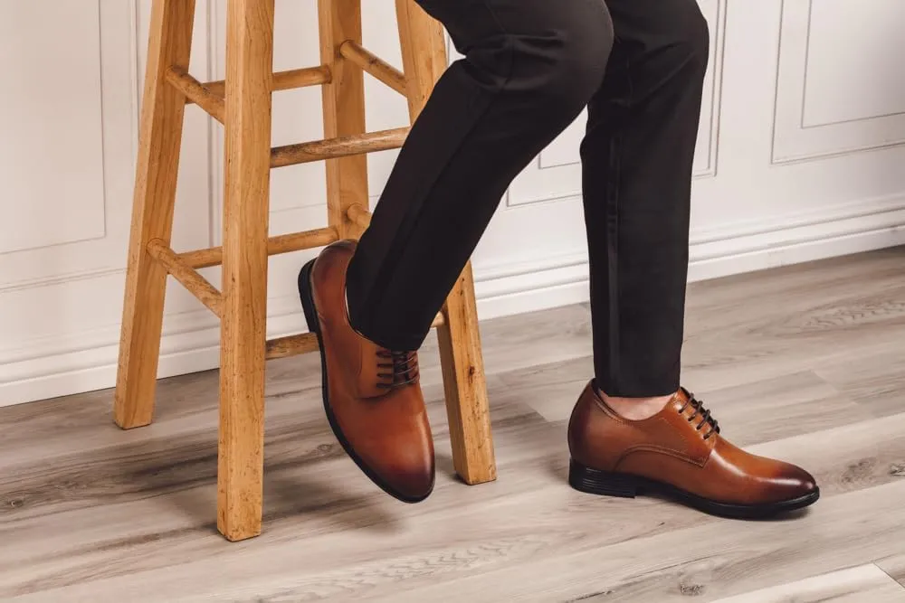 CALTO Men's Invisible Height Increasing Elevator Shoes - Brown Premium Leather Lightweight Lace-up Formal Oxfords - 3 Inches Taller - Y10752 - Size 9 D(M) US