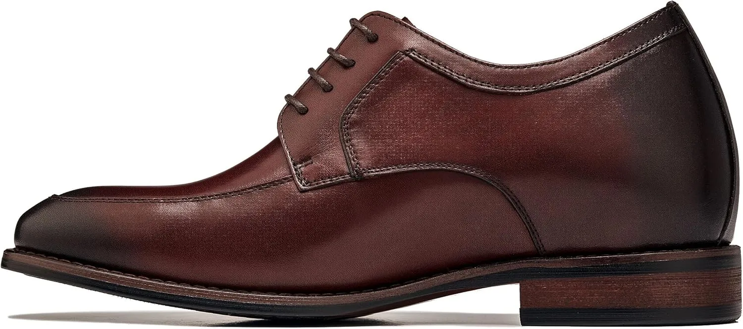 CALTO Men's Invisible Height Increasing Elevator Shoes - Rust Brown Premium Leather Lace-up Round-Toe Formal Derby Oxfords - 2.8 Inches Taller - Y7427- Size 7 D(M) US
