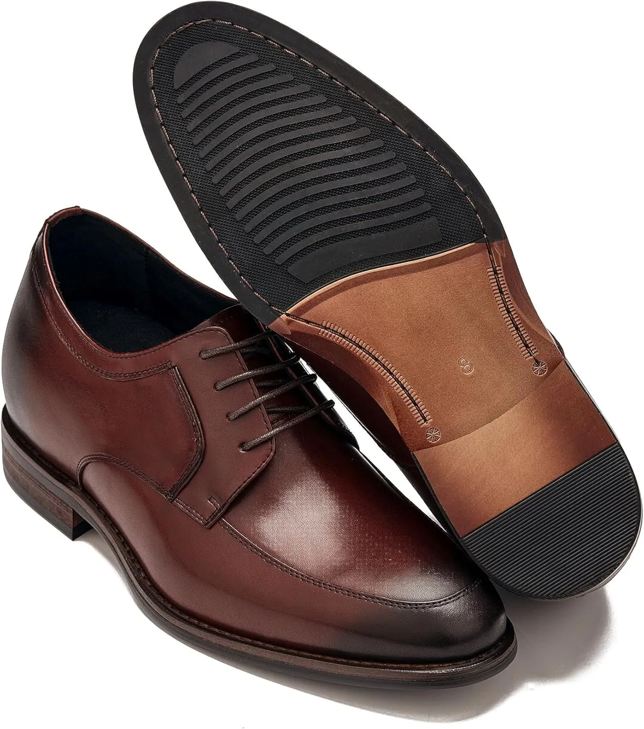 CALTO Men's Invisible Height Increasing Elevator Shoes - Rust Brown Premium Leather Lace-up Round-Toe Formal Derby Oxfords - 2.8 Inches Taller - Y7427- Size 7 D(M) US