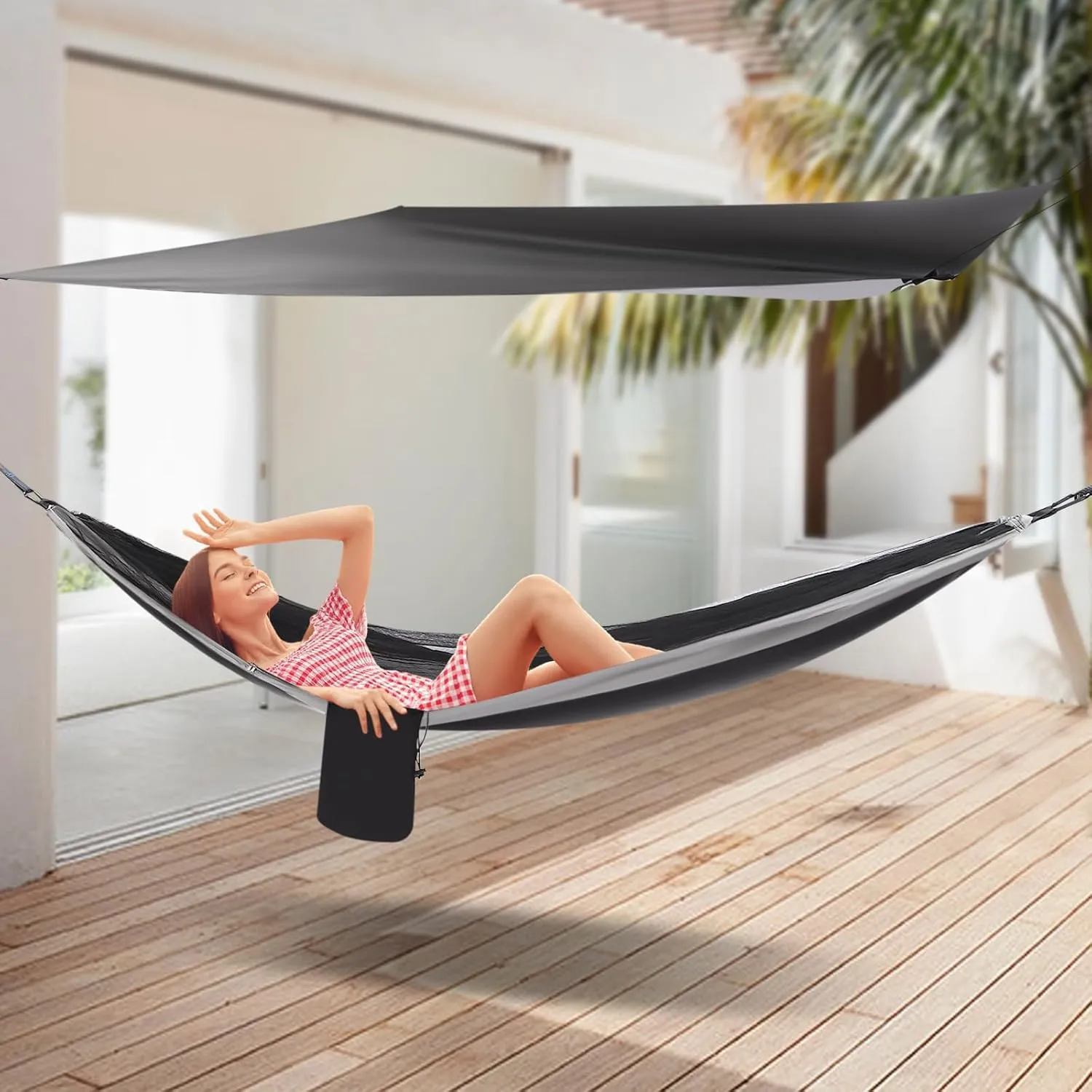 Camping Hammock with Mosquito Net and Rain Fly Tarp Hammock Tents for Camping with Tree Straps Portable Single & Double Nylon Hammock, Indoor Outdoor Backpacking Survival Travel (Black Grey)