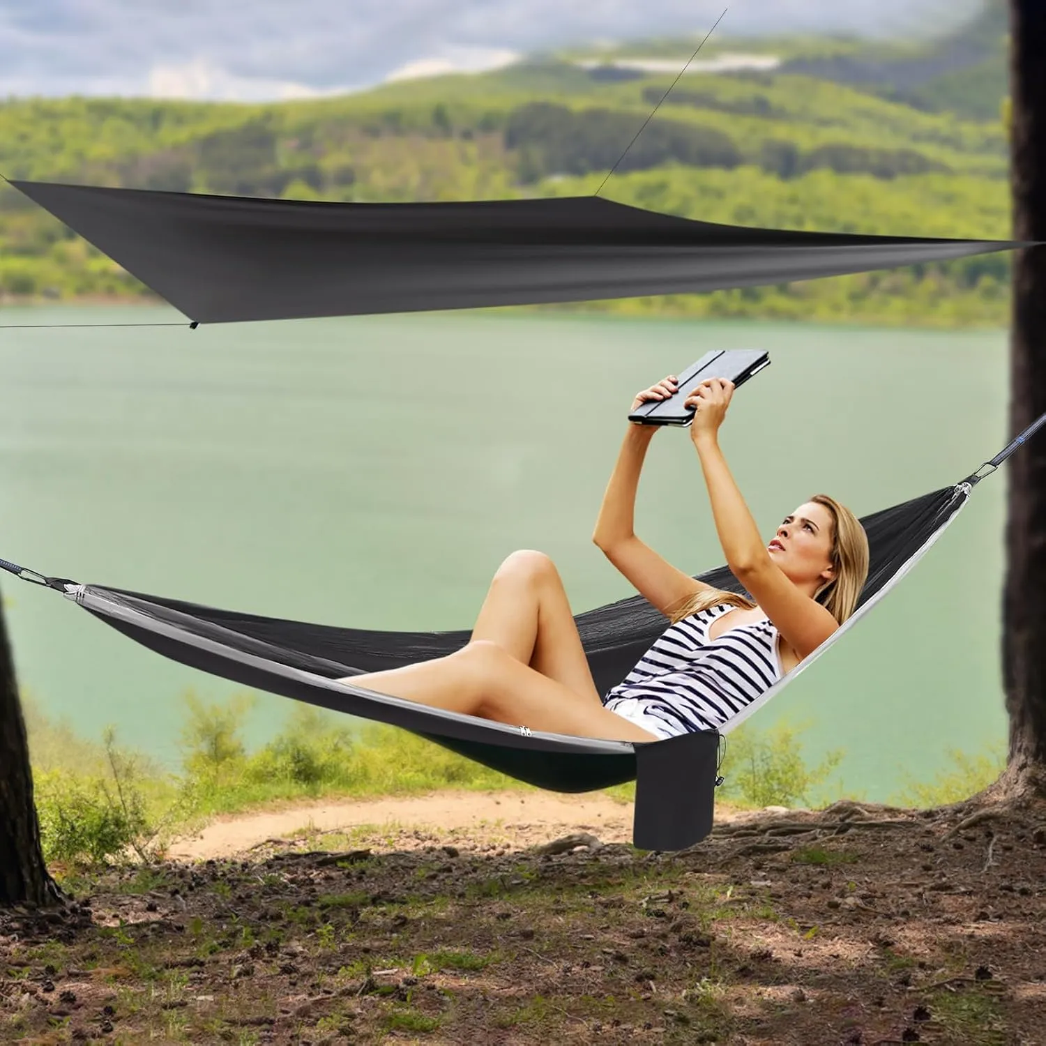 Camping Hammock with Mosquito Net and Rain Fly Tarp Hammock Tents for Camping with Tree Straps Portable Single & Double Nylon Hammock, Indoor Outdoor Backpacking Survival Travel (Black Grey)