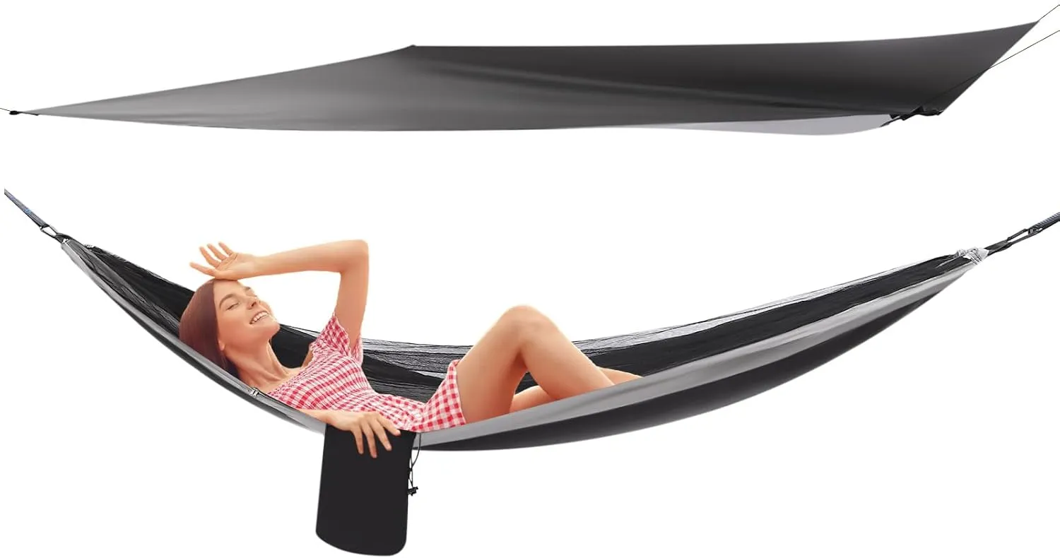 Camping Hammock with Mosquito Net and Rain Fly Tarp Hammock Tents for Camping with Tree Straps Portable Single & Double Nylon Hammock, Indoor Outdoor Backpacking Survival Travel (Black Grey)