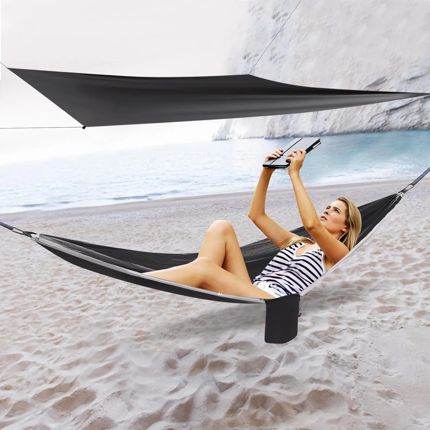 Camping Hammock with Mosquito Net and Rain Fly Tarp Hammock Tents for Camping with Tree Straps Portable Single & Double Nylon Hammock, Indoor Outdoor Backpacking Survival Travel (Black Grey)