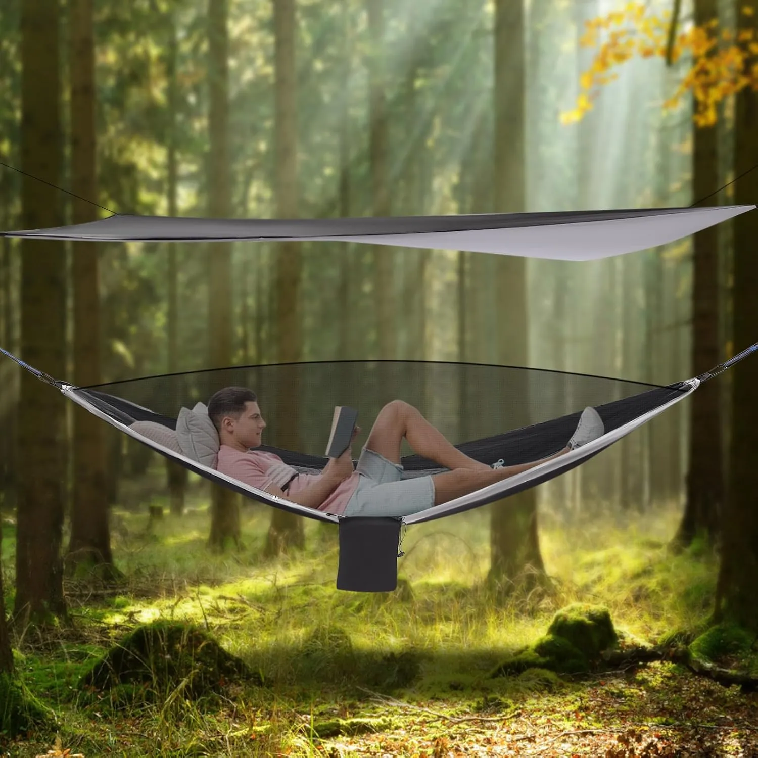 Camping Hammock with Mosquito Net and Rain Fly Tarp Hammock Tents for Camping with Tree Straps Portable Single & Double Nylon Hammock, Indoor Outdoor Backpacking Survival Travel (Black Grey)
