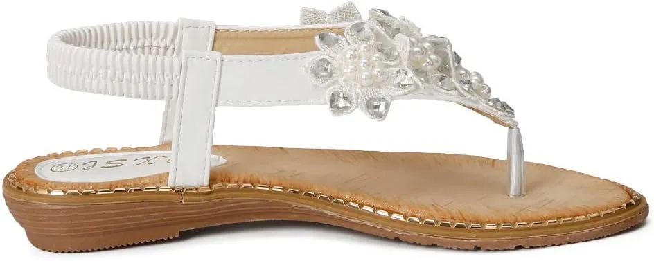 CARETOO Women's Bohemia Flat Sandals, Ladies Summer Beach T-Strap Flip Flop Sparkling Rhinestone Walking Shoes Casual