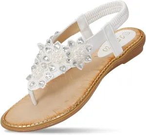 CARETOO Women's Bohemia Flat Sandals, Ladies Summer Beach T-Strap Flip Flop Sparkling Rhinestone Walking Shoes Casual