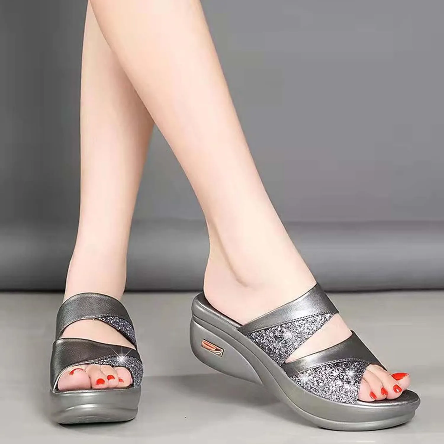 CERYTHRINA Womens Glitter Platform Wedge Slipper Summer Sequins Slides Sandals