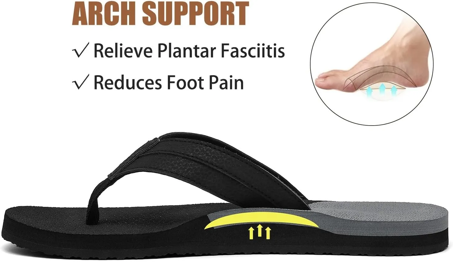 ChayChax Mens Flip Flops Arch Support Comfort Beach Thong Sandals with Ultra Cushion Footbed
