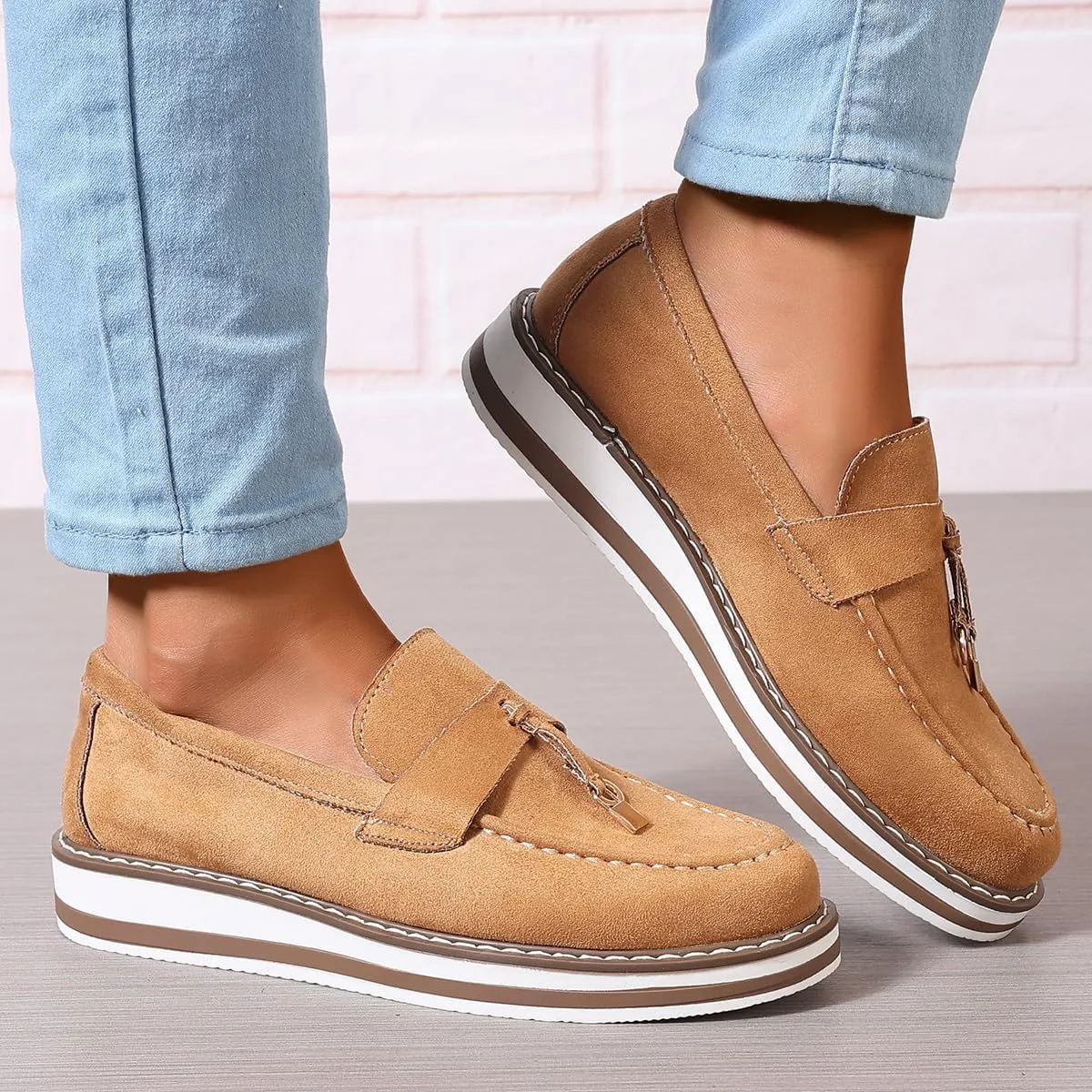 Chunky Platform Loafers for Women Tassel Slip On Suede Faux Leather Loafers Slip On Casual Loafers