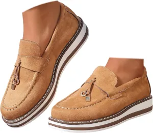 Chunky Platform Loafers for Women Tassel Slip On Suede Faux Leather Loafers Slip On Casual Loafers