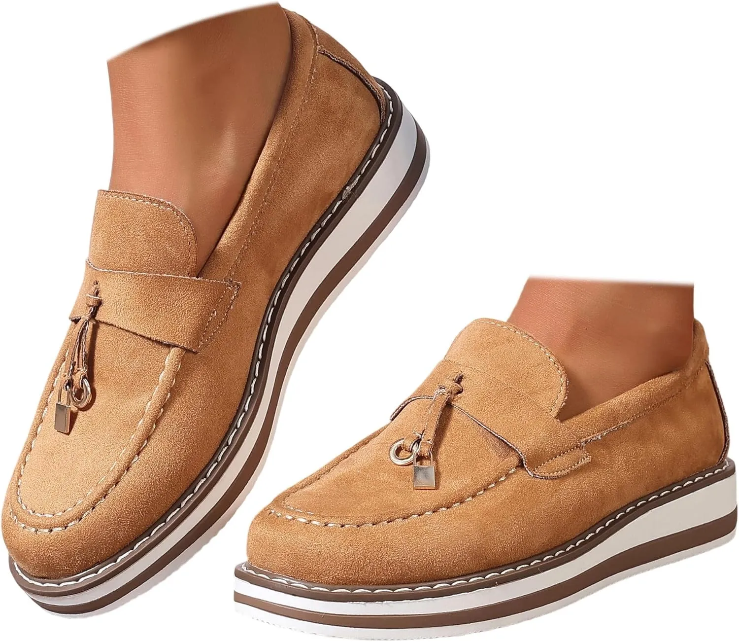 Chunky Platform Loafers for Women Tassel Slip On Suede Faux Leather Loafers Slip On Casual Loafers