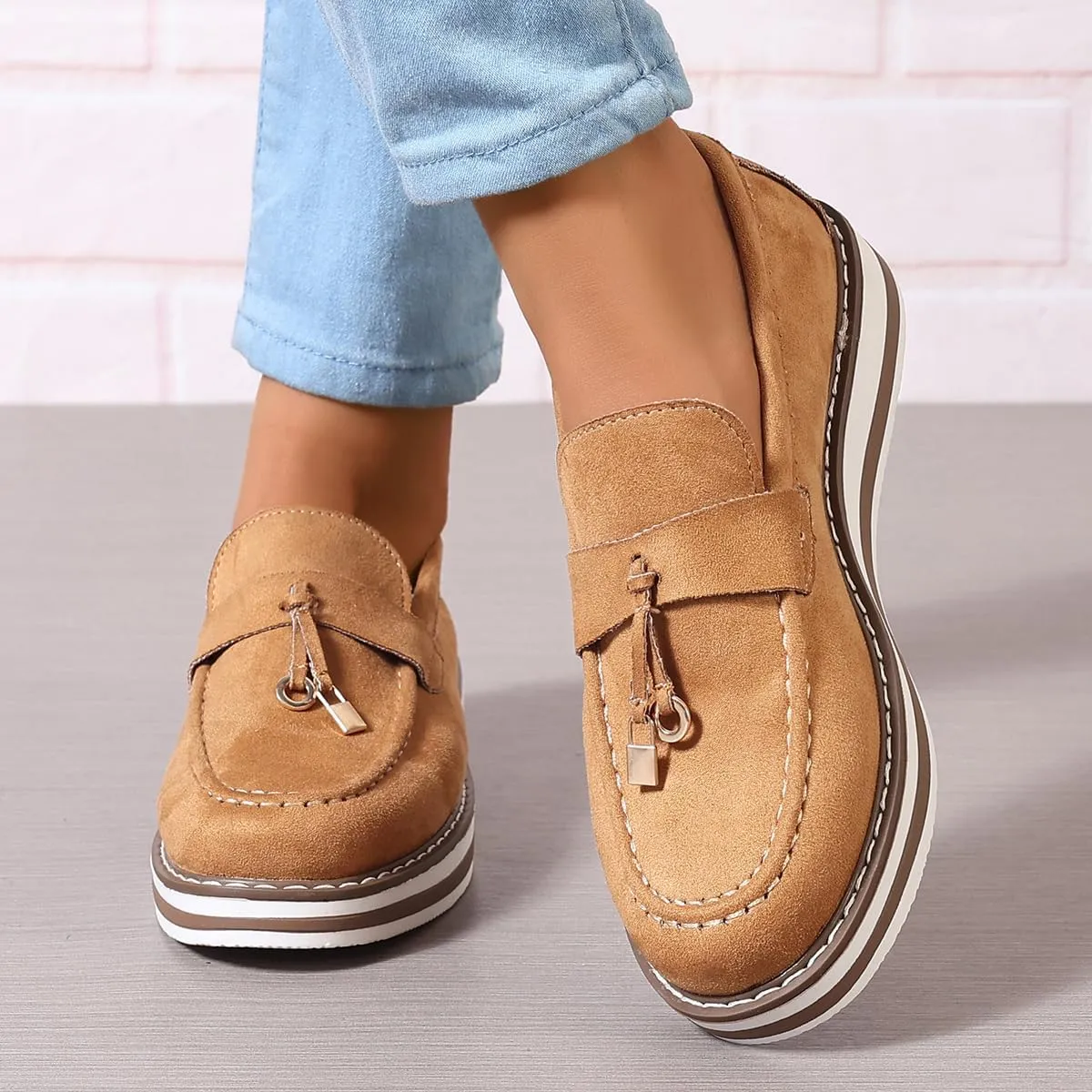 Chunky Platform Loafers for Women Tassel Slip On Suede Faux Leather Loafers Slip On Casual Loafers