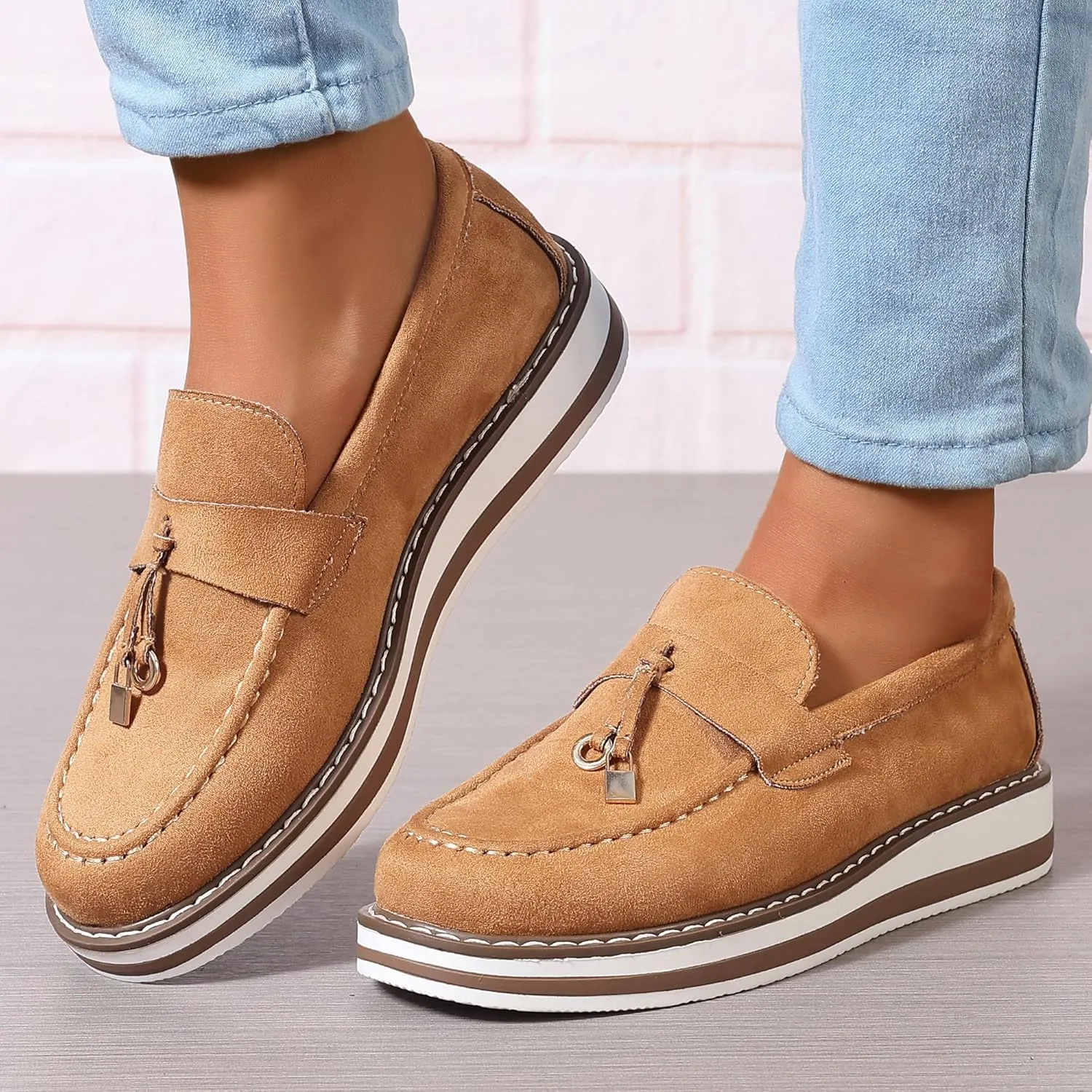 Chunky Platform Loafers for Women Tassel Slip On Suede Faux Leather Loafers Slip On Casual Loafers